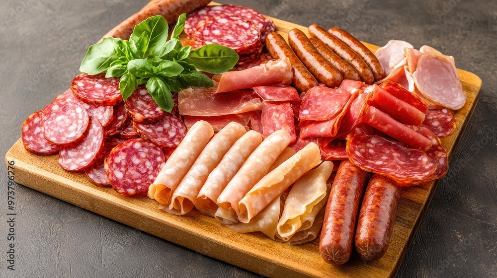 Assorted Salami Sausage and Ham on Wooden Cutting Board Assorted Salami Sausage and Ham on Wooden Cutting Board