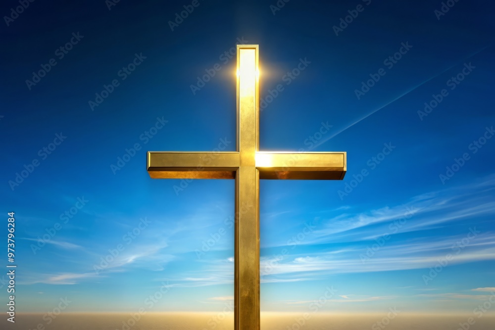 A golden cross with two horizontal bars, symbolizing resistance and patriotism, stands proudly against a clear blue sky A golden cross with two horizontal bars, symbolizing resistance and patriotism, stands proudly against a clear blue sky