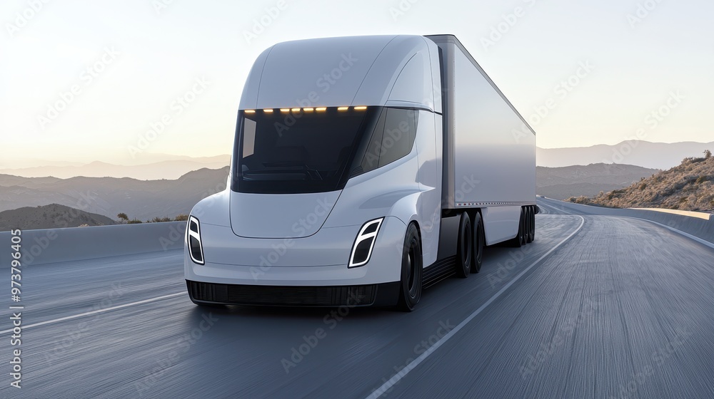 Electric Semi Truck Driving on Highway with Mountains in Background Electric Semi Truck Driving on Highway with Mountains in Background