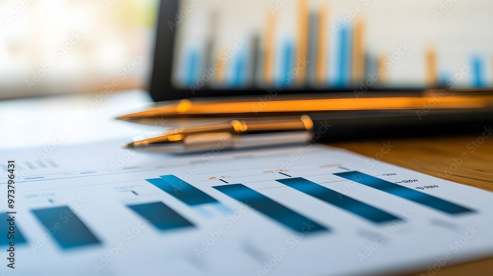 Close-up of a Bar Graph and Pens on a Wooden Desk Close-up of a Bar Graph and Pens on a Wooden Desk