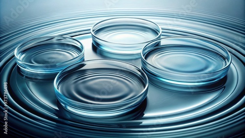 Petri dishes with blue water creating ripples in grey background, blue, water, petri dish, science, experiment, laboratory photo