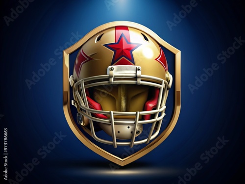 A gold helmet with a bold, red stripe and white facemask sits atop a navy blue shield, adorned photo