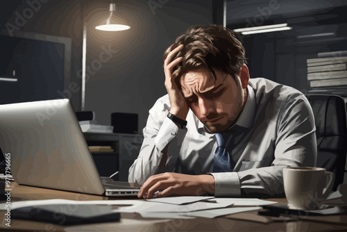 clipart illustration closeup of a distressed businessman sitting at his desk in a modern office crying desperately