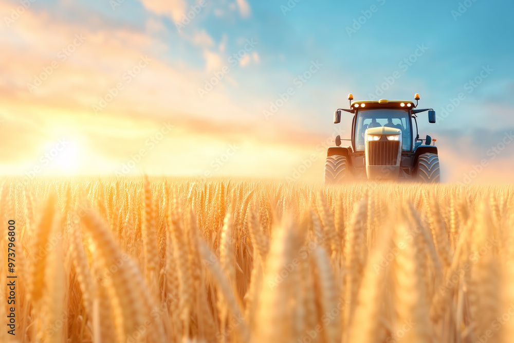 Fototapeta premium Golden wheat field at sunset with a tractor working the land in a serene rural landscape