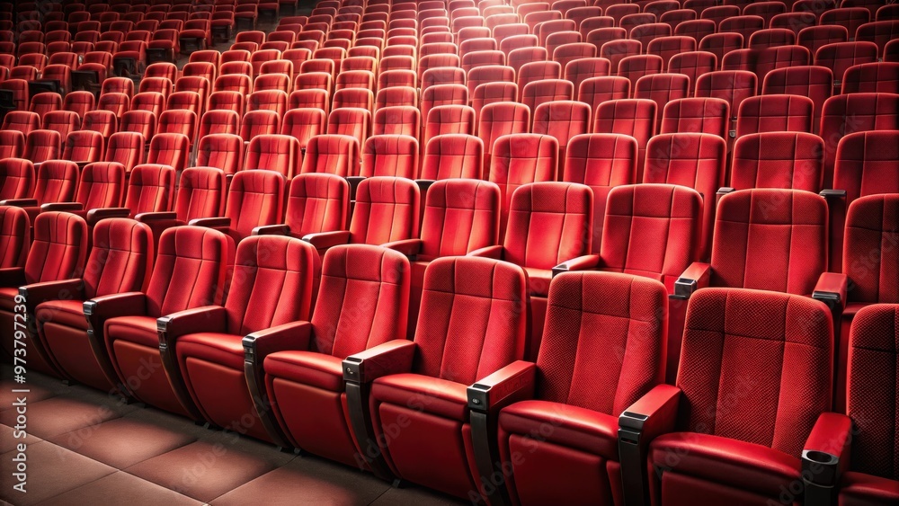 Fototapeta premium Cinema or theater red seats background, theater, cinema, red seats, rows, movie, entertainment, auditorium, audience, seats