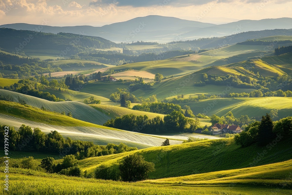 A scenic view of rolling green hills and distant mountains in the Kralicky Sneznik Mountains of Czechia. The landscape is bathed in warm sunlight, creating a serene and peaceful atmosphere , ai A scenic view of rolling green hills and distant mountains in the Kralicky Sneznik Mountains of Czechia. The landscape is bathed in warm sunlight, creating a serene and peaceful atmosphere , ai