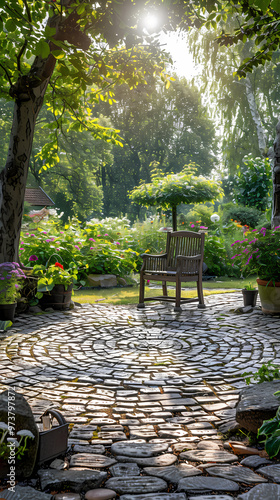 London garden in summer with patio, wooden garden furniture and a parasol or sun umbrella