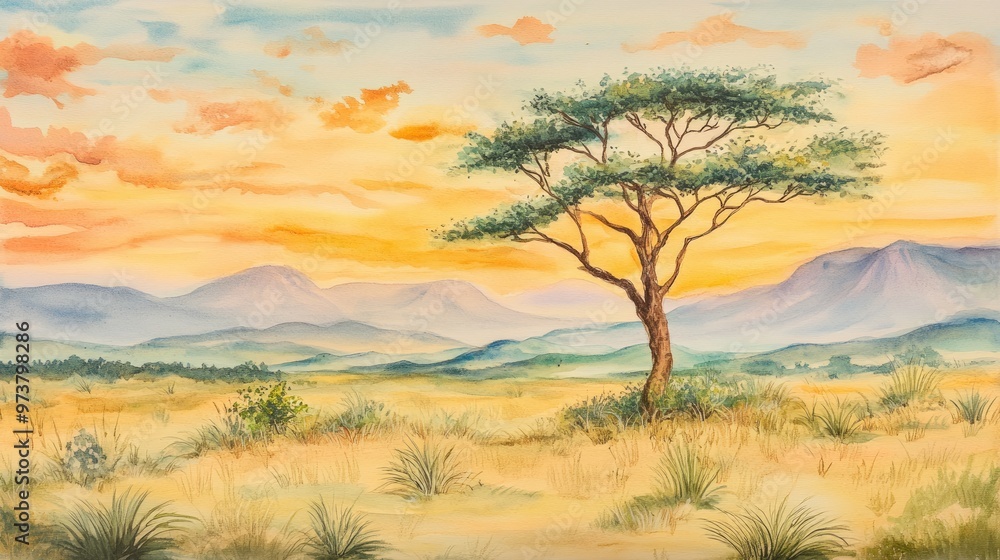 Fototapeta premium Solitary tree on grassy hill at sunset with distant mountains.