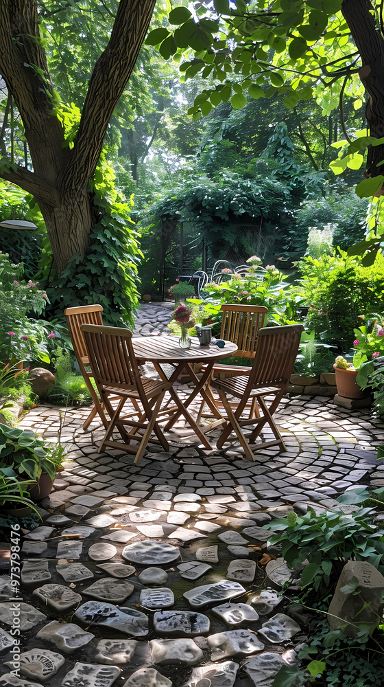 Obraz premium London garden in summer with patio, wooden garden furniture and a parasol or sun umbrella