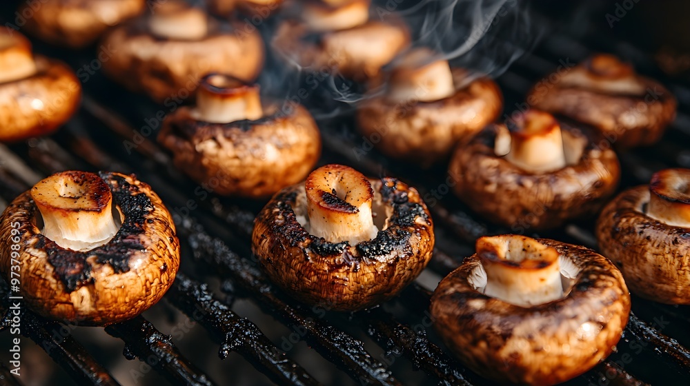 Smoke rising gracefully from freshly grilled mushrooms outdoors, detailed texture of the smoky wisps blending with the charred grill marks, food close-up Smoke rising gracefully from freshly grilled mushrooms outdoors, detailed texture of the smoky wisps blending with the charred grill marks, food close-up