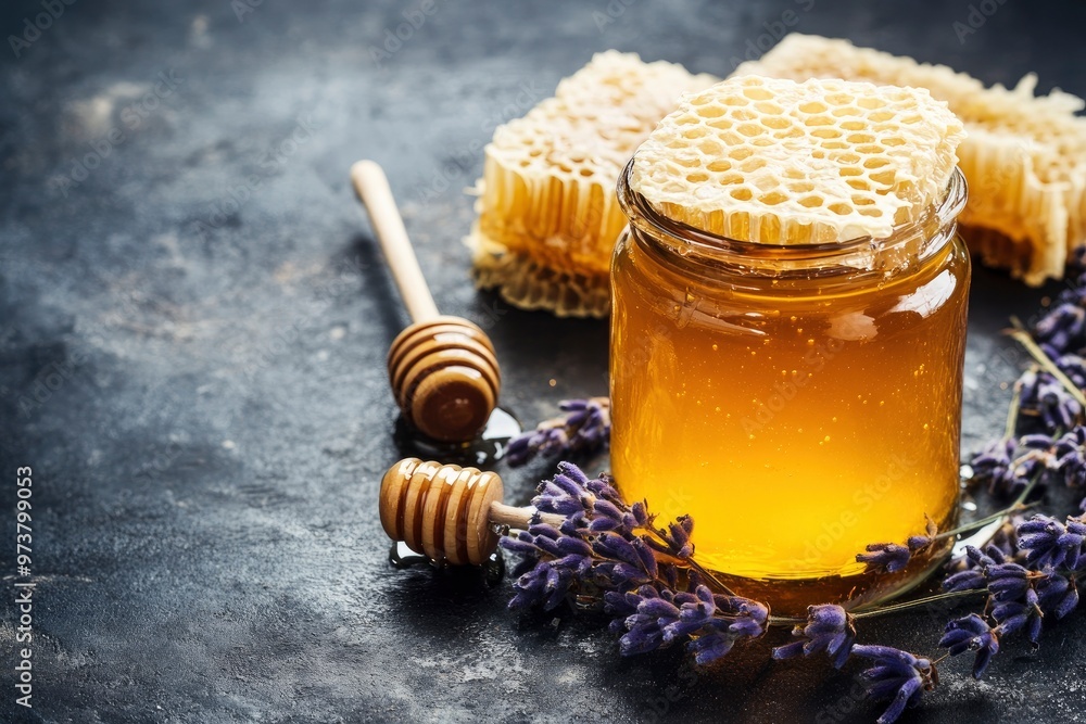 Natural organic honey in glass jar, honey dipper and honeycombs are near. Natural food background, ai Natural organic honey in glass jar, honey dipper and honeycombs are near. Natural food background, ai