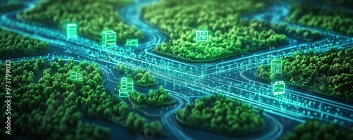 Green logistics professional reviewing supply chain on a digital map with eco-friendly routes photorealistic