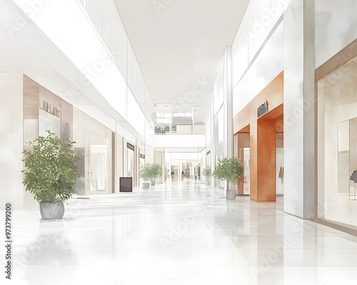 Bright and modern shopping mall interior featuring elegant design and lush greenery, perfect for retail and architectural themes.