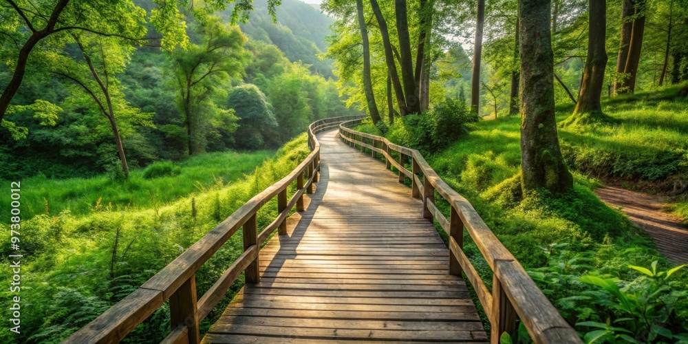 Fototapeta premium Wooden path winding through lush greenery in Camnago, Italy, wood, path, nature, Italy, Camnago, outdoors, walking