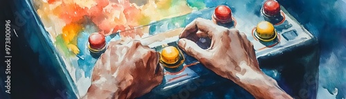 Close-up of hands operating a colorful joystick panel, showcasing vibrant buttons and an artistic background. photo