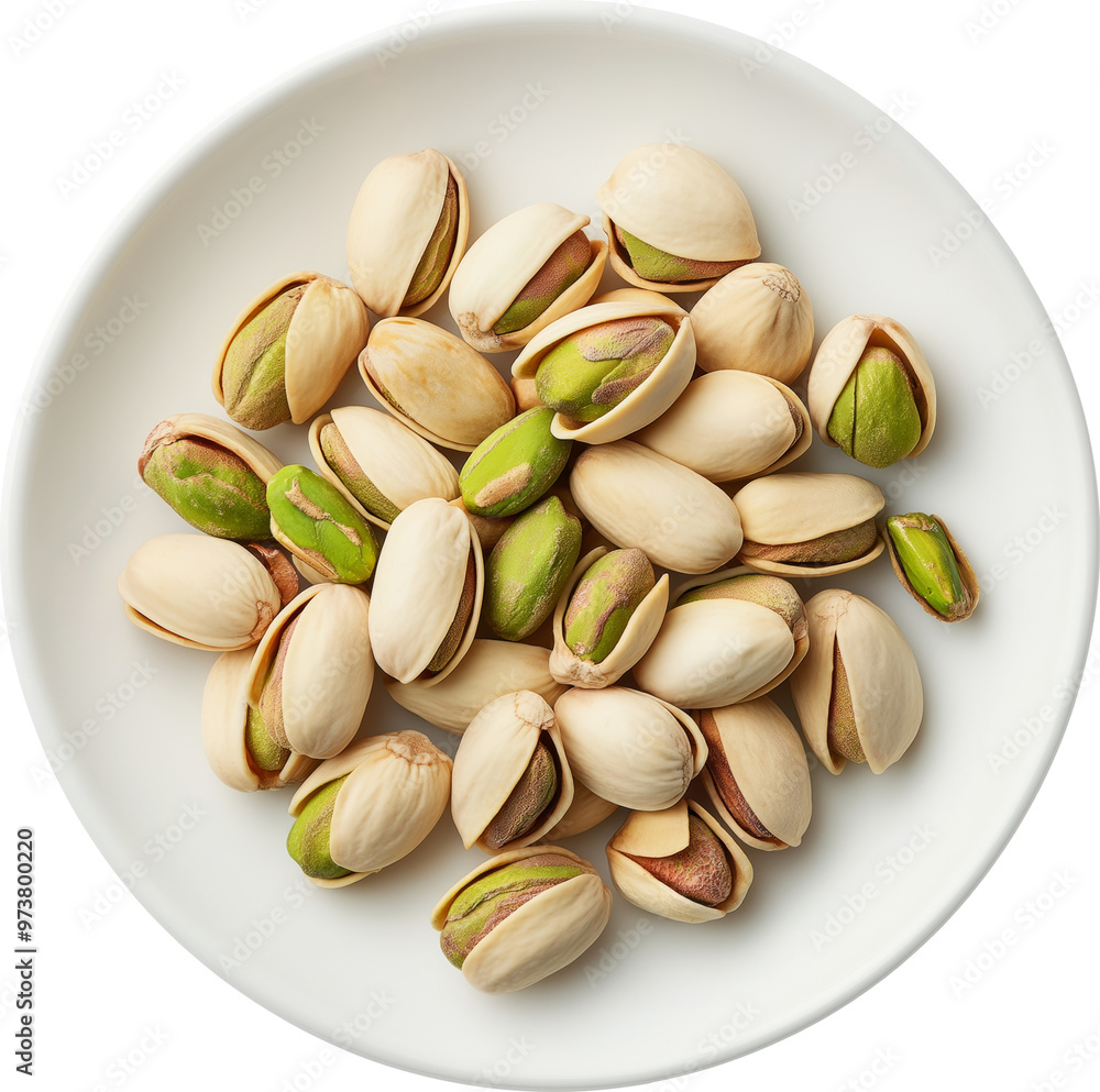 Close up view of shelled and unshelled pistachios arranged in a white round bowl isolated on transparent background. Close up view of shelled and unshelled pistachios arranged in a white round bowl isolated on transparent background.