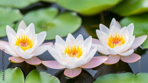 Beautiful white water lilies bloom on a serene pond, surrounded by lush green leaves, creating a tranquil and picturesque scene.