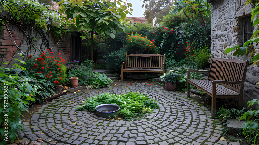 London garden in summer with patio, wooden garden furniture and a parasol or sun umbrella London garden in summer with patio, wooden garden furniture and a parasol or sun umbrella