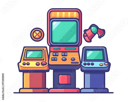 Colorful retro arcade game machines, featuring vibrant screens and controllers, ideal for nostalgia and gaming themes. photo