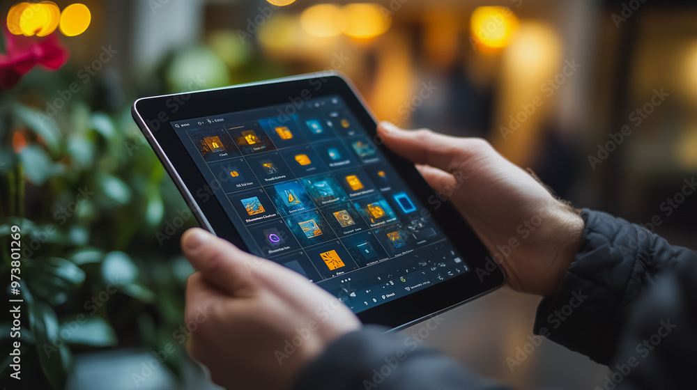 A person is holding a tablet with a screen displaying a variety of apps. Concept of technology and productivity, as the person is likely using the tablet for work or personal tasks A person is holding a tablet with a screen displaying a variety of apps. Concept of technology and productivity, as the person is likely using the tablet for work or personal tasks