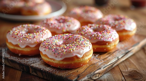 A close-up of six glazed donuts with sprinkles on a wooden board. photo