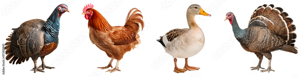 Set of birds animal family, chicken, turkey, duck, full body shot, isolated on transparent background Set of birds animal family, chicken, turkey, duck, full body shot, isolated on transparent background
