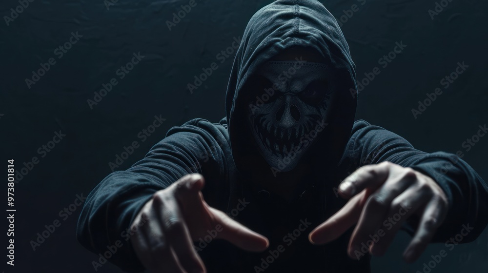 Mysterious man in scary halloween pumpkin mask reaching towards camera on dark background Mysterious man in scary halloween pumpkin mask reaching towards camera on dark background