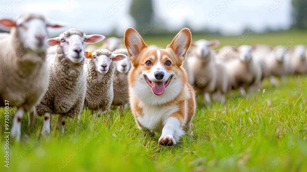 Happy Dog Running Through Sheep Herd in Green Field Happy Dog Running Through Sheep Herd in Green Field