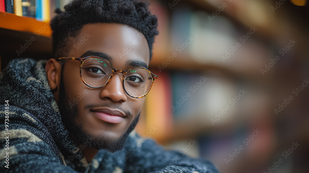 A young man with glasses is sitting in a library. He is smiling and looking at the camera A young man with glasses is sitting in a library. He is smiling and looking at the camera