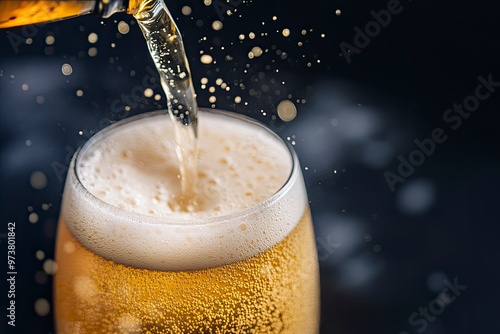 Wallpaper Mural Refreshing beer being poured into a frosty glass, capturing the golden hues and effervescent bubbles against a dark background, emphasizing the crisp, refreshing nature of the drink , ai Torontodigital.ca