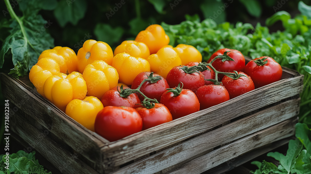 A wooden crate filled with tomatoes and yellow peppers. The crate is on a table with green leaves in the background A wooden crate filled with tomatoes and yellow peppers. The crate is on a table with green leaves in the background