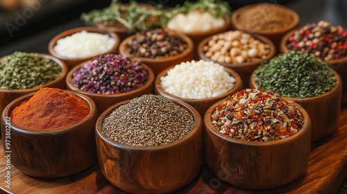 A wooden tray with many different spices in small bowls. The spices are arranged in a way that they are easy to see and access. The tray is placed on a wooden table