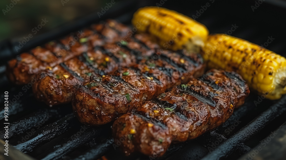A plate of meat and corn on a grill. The meat is cooked and has a nice sear. The plate looks delicious and appetizing A plate of meat and corn on a grill. The meat is cooked and has a nice sear. The plate looks delicious and appetizing