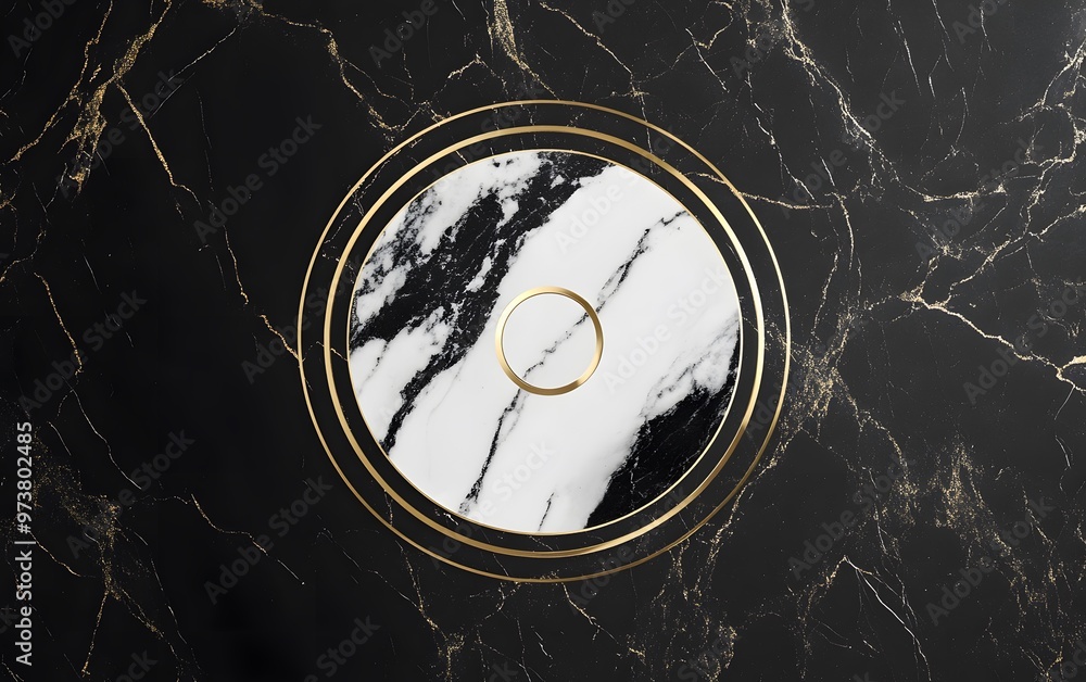 Elegant marble plate with gold trim against a black marble background, perfect for upscale dining or interior design. Elegant marble plate with gold trim against a black marble background, perfect for upscale dining or interior design.