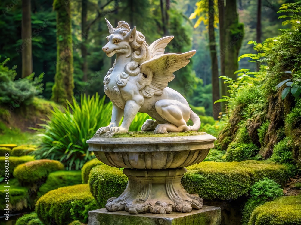 A intricately carved white marble figure of a mythical creature rises from a moss-covered pedestal, surrounded by lush A intricately carved white marble figure of a mythical creature rises from a moss-covered pedestal, surrounded by lush