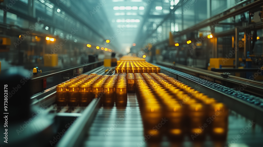 A conveyor belt with many bottles on it. The bottles are yellow and are lined up A conveyor belt with many bottles on it. The bottles are yellow and are lined up