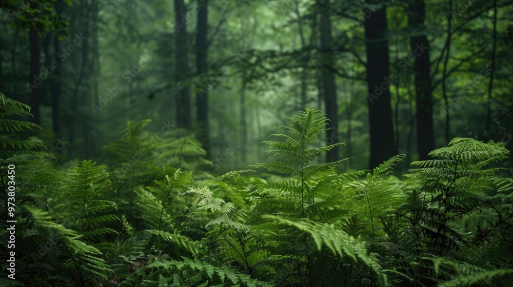 Green ferns creating a mystical atmosphere in a forest setting Green ferns creating a mystical atmosphere in a forest setting