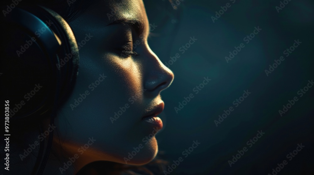 Side view of beautiful calm woman with closed eyes wearing headset AI generated image Side view of beautiful calm woman with closed eyes wearing headset AI generated image