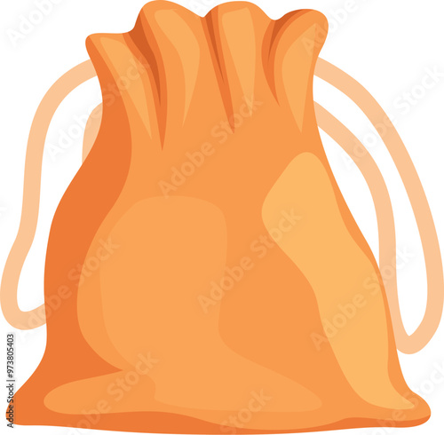 Orange cloth bag is standing, potentially full of something, with a drawstring closing mechanism