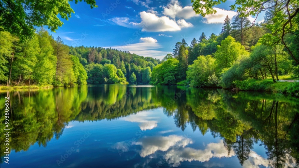 Tranquil lake surrounded by lush forest trees, serene, nature, peaceful, water, reflection, idyllic, calm, scenery Tranquil lake surrounded by lush forest trees, serene, nature, peaceful, water, reflection, idyllic, calm, scenery