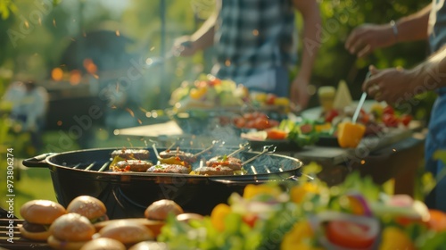 Friends gathering for a backyard barbecue, grilling plant-based burgers and farm-fresh salads