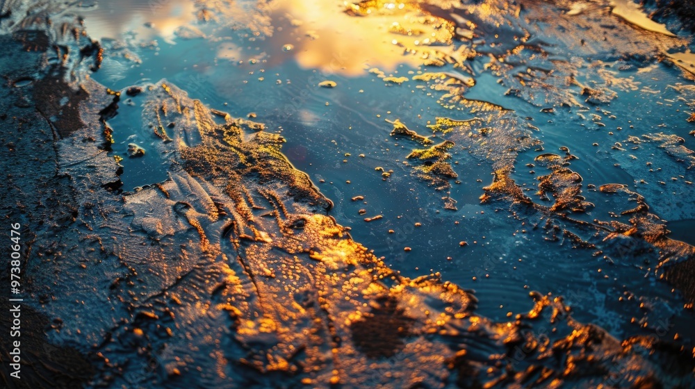 Luster of oil leakage on wet soil Luster of oil leakage on wet soil