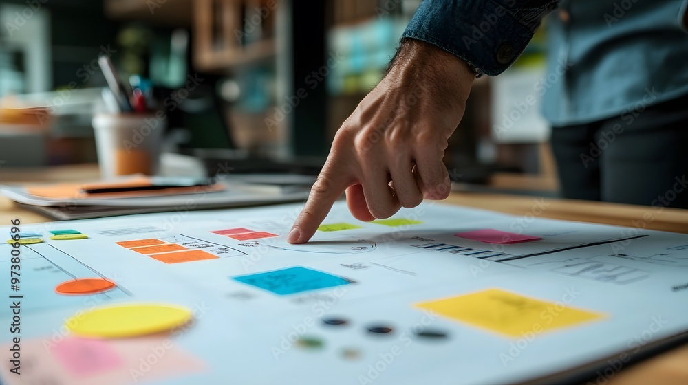 Hand Pointing at a Diagram with Sticky Notes Hand Pointing at a Diagram with Sticky Notes