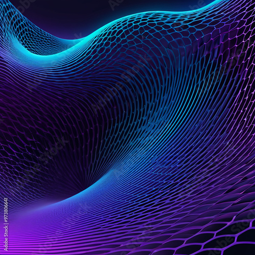 Blue and purple gradient background Futuristic hexagon particles form wave arrangement, sound flows. Abstract sci-fi user interface concept