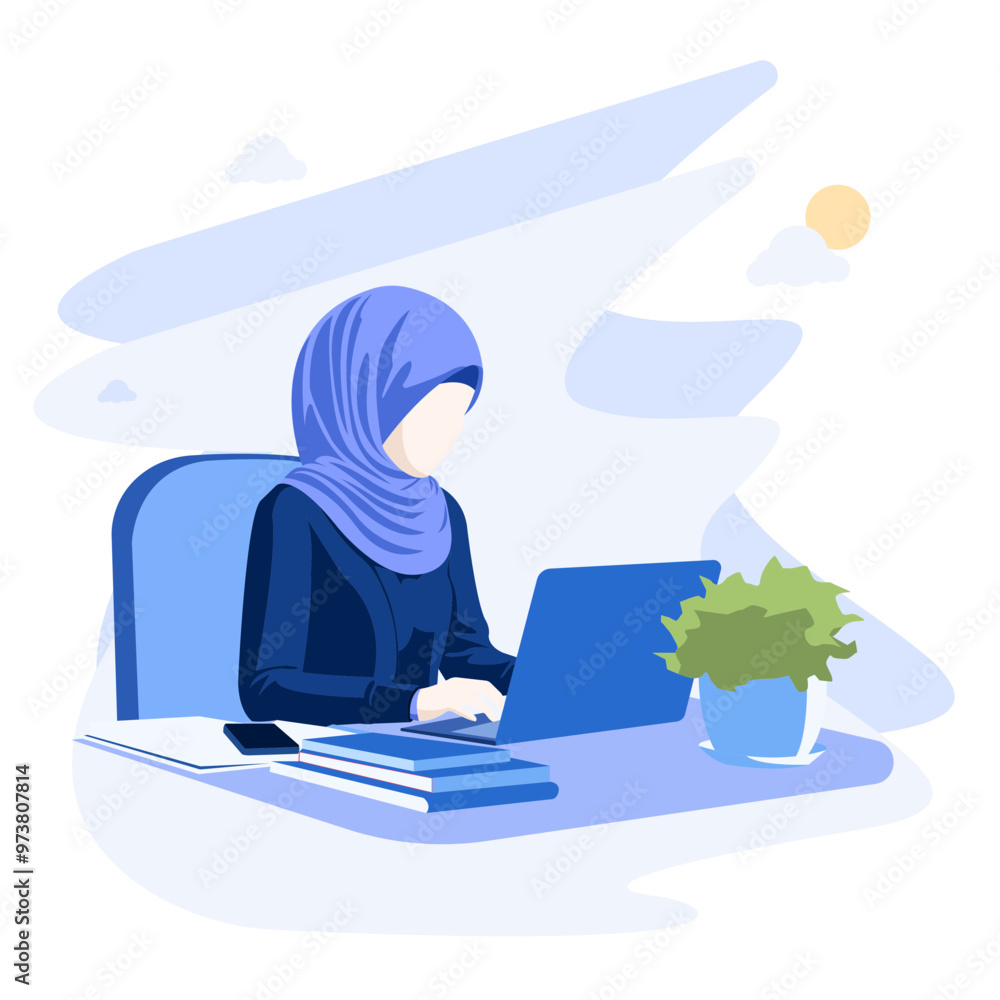 Fototapeta premium Hijab muslim girl office worker with laptop vector illustration XXI