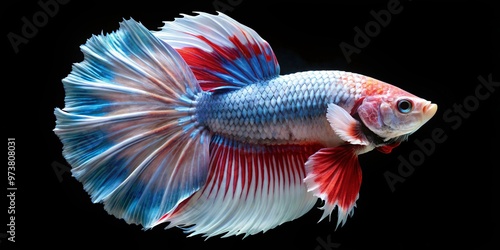 A beautiful, crescent-shaped Betta fish features radiant white scales and elegant fins that flow like silk, captivating photo