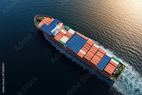 Photorealistic cargo ship powered by renewable energy transporting goods in an eco-friendly supply chain