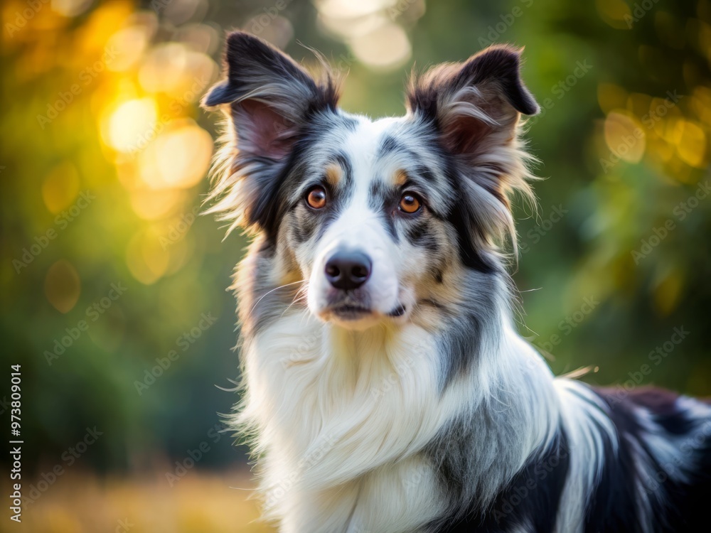 Alert black and white Australian Shepherd dog with piercing eyes and pointed ears stands intently, tail held high, Alert black and white Australian Shepherd dog with piercing eyes and pointed ears stands intently, tail held high,