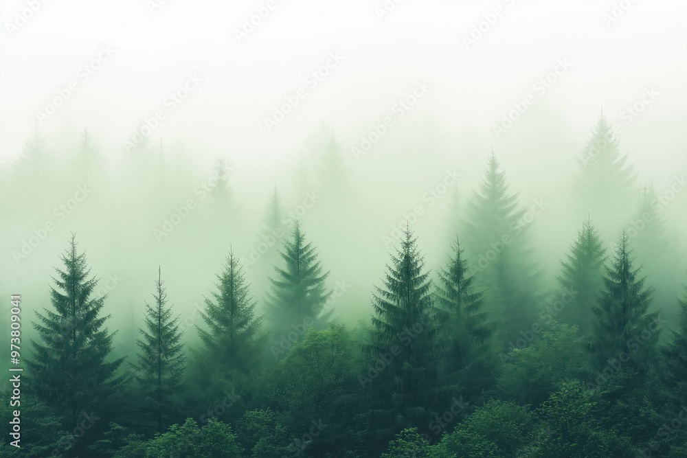 Evergreen coniferous trees shrouded in fog in forest Evergreen coniferous trees shrouded in fog in forest