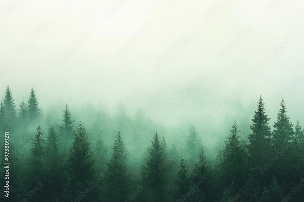 Evergreen pine tree forest shrouded in fog and mist Evergreen pine tree forest shrouded in fog and mist